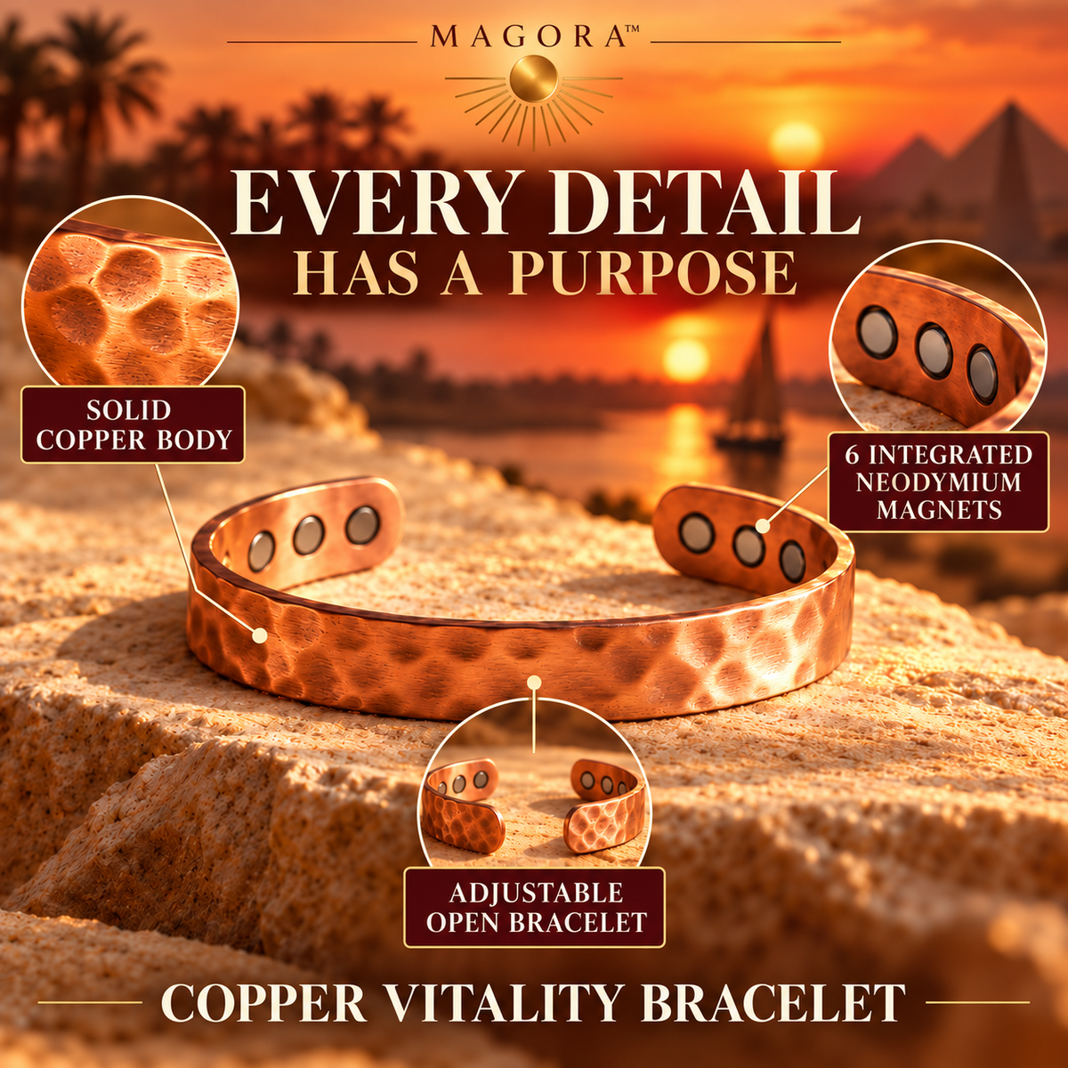 Magora Copper Vitality Bracelet, solid copper body and six integrated neodymium magnets