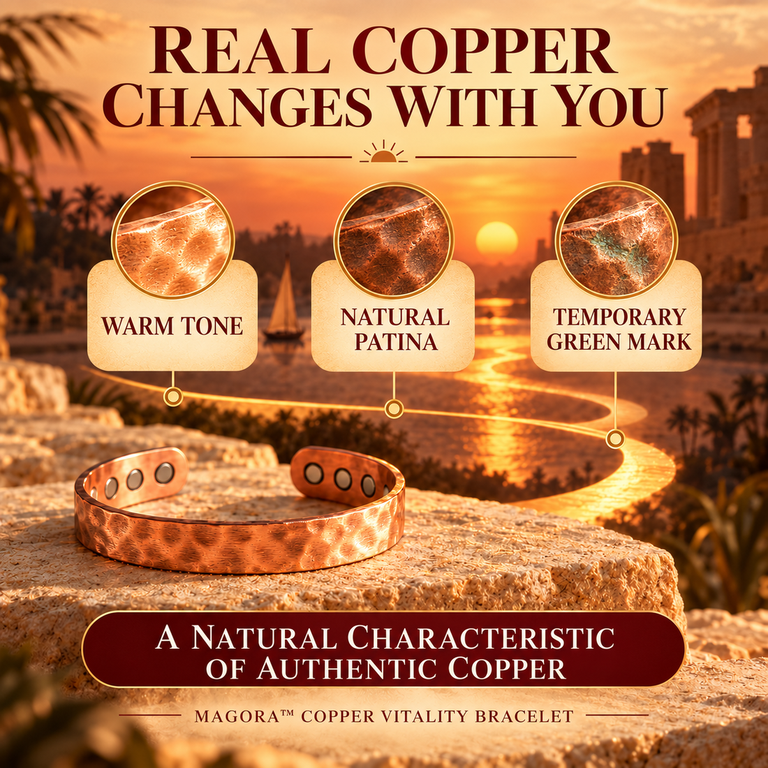 Authentic copper tone, natural patina and temporary green mark