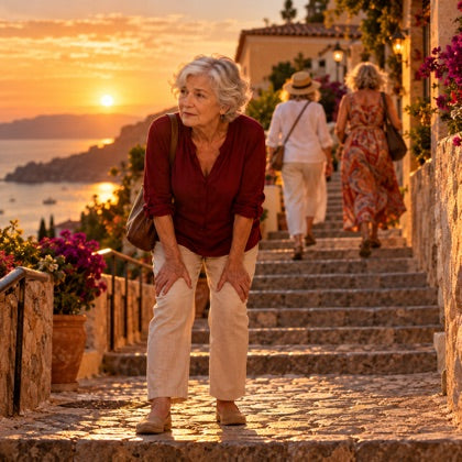 Mature woman pausing on outdoor steps